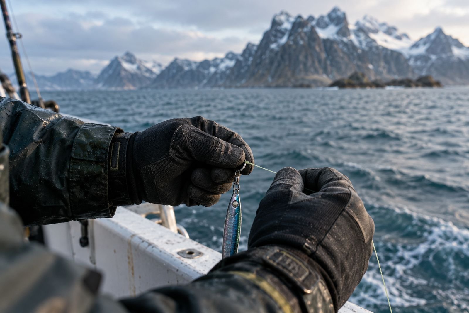 Hände in Angelhandschuhen binden einen Knoten an einen Pilker, im Hintergrund das Meer.