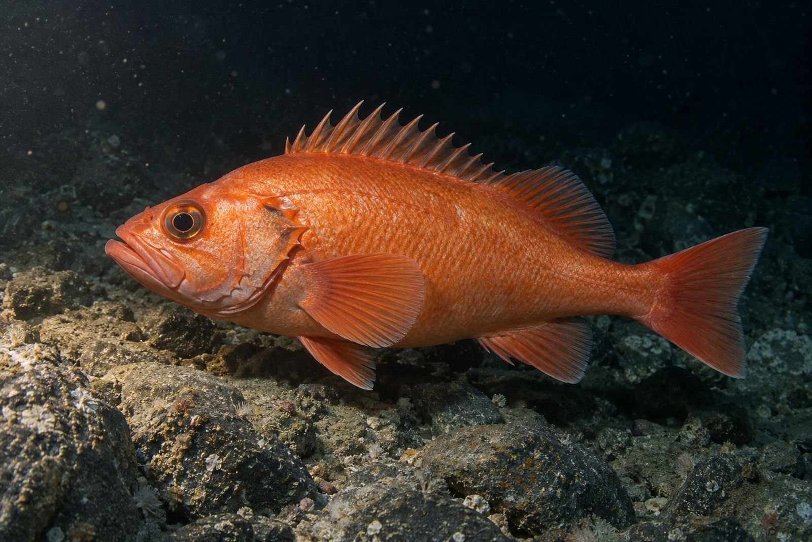 Ein orangeroter Rotbarsch mit großen Augen über felsigem Grund.