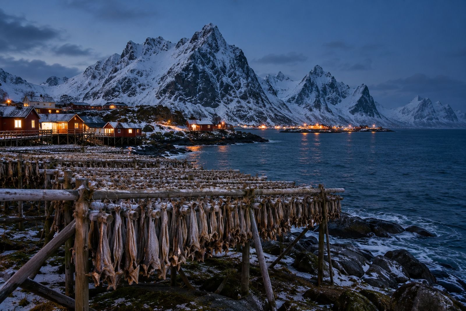 Holzgestelle mit trocknendem Stockfisch vor verschneiten Bergen auf den Lofoten zur blauen Stunde.