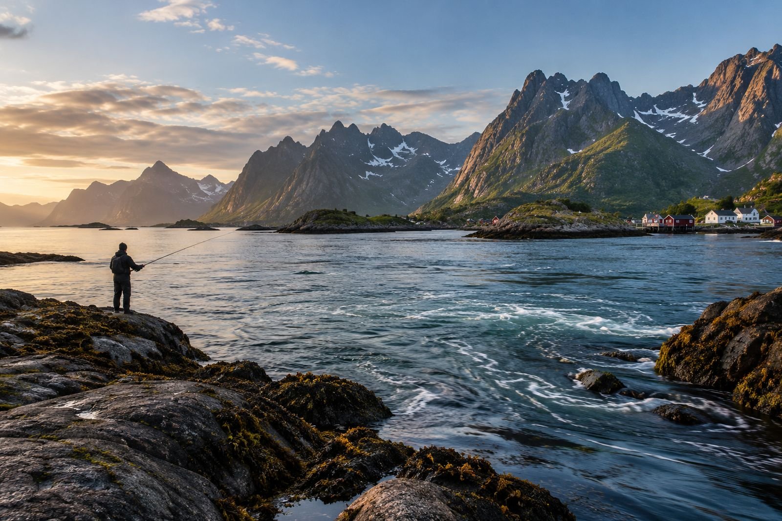 Ein Angler wirft von dunklen Felsen an einer Strömung auf den Lofoten aus, im Hintergrund Berge.